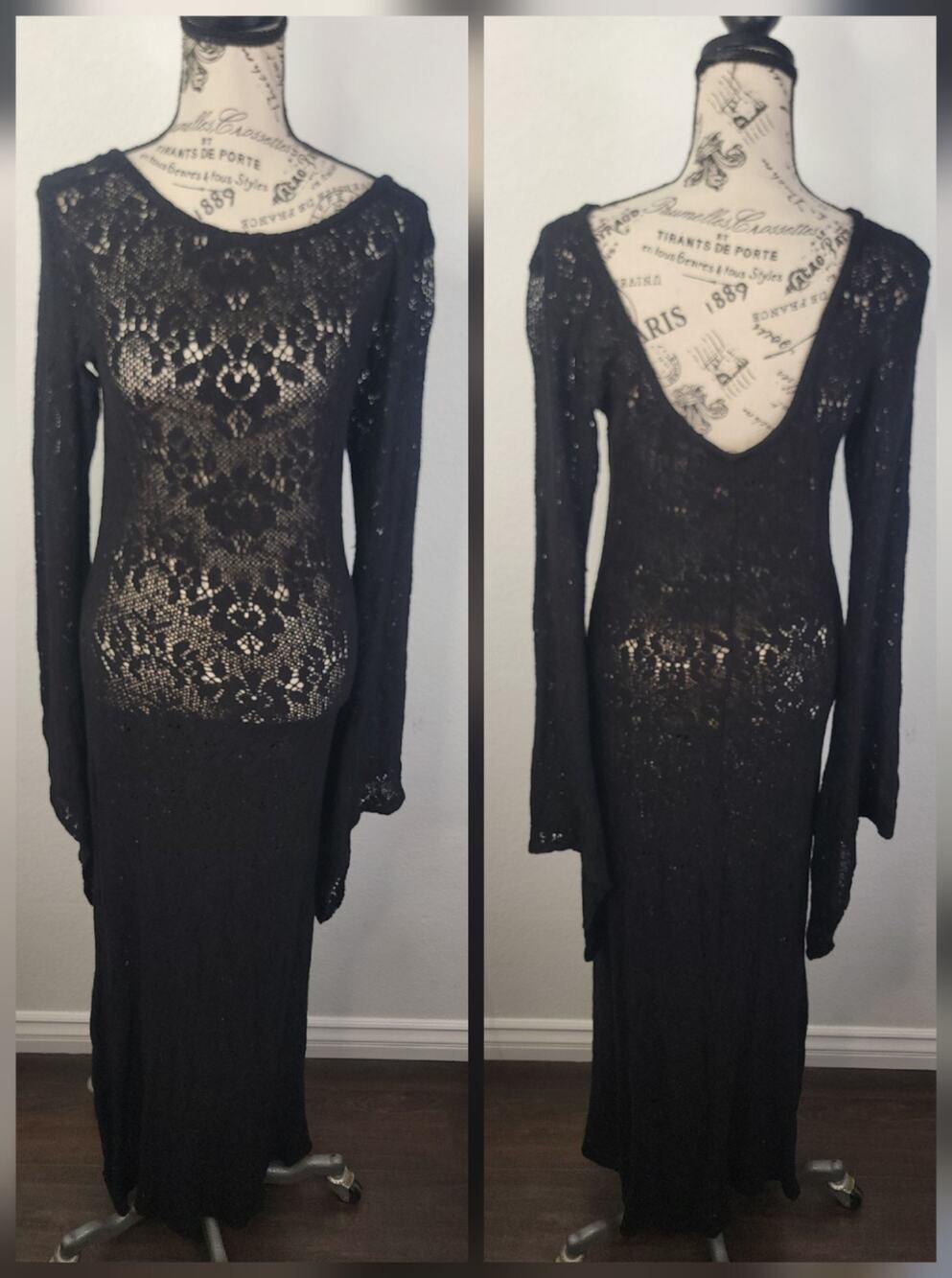 American Gold Maxi Dress S/M Sheer Mesh Crochet Black Witchy Whymsigoth Cover Up